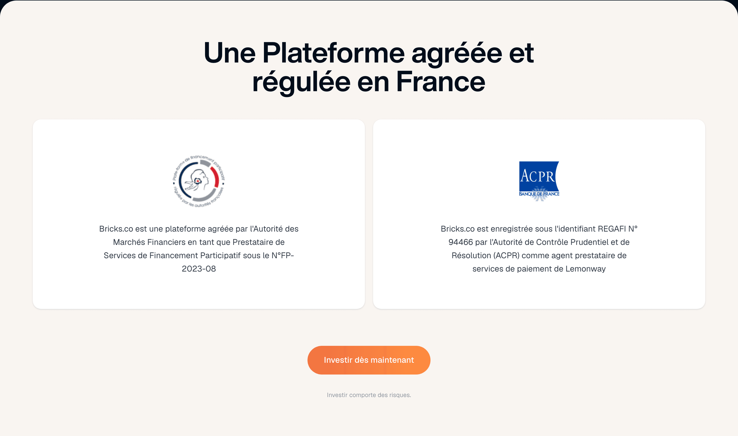 Les agréments de Bricks : AMF PSFP n° FP-2023-08 et ACPR REGAFI n° 94466 via Lemonway